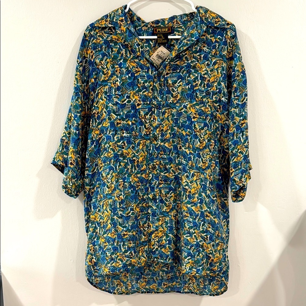 NWT men’s Pure Vintage 100% silk artsy retro unique button up collared shirt